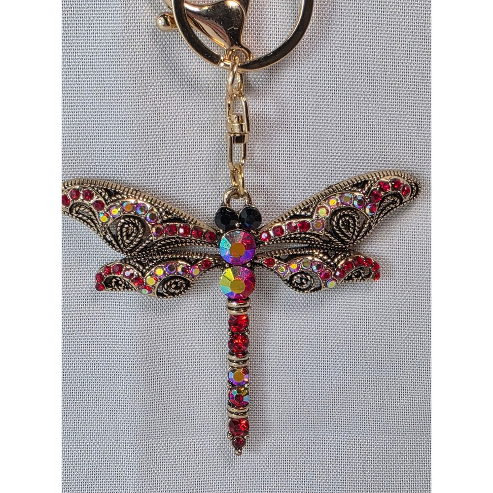 Gold Tone Dragonfly Keychain Bag Charm Red Rhinestone Aurora Borealis Crystal